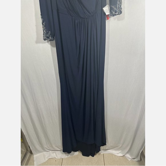 NWT Mac Duggal [ Plus 18W ] Ruched‎ One-Shoulder Long-Sleeve Gown Blue - Picture 6 of 16